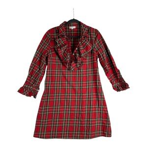 Festive Red Holiday Plaid Ruffled Long Sleeve Dress Size Small